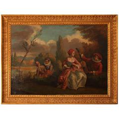 Early 20th Century Oil Painting Riverside Conversations