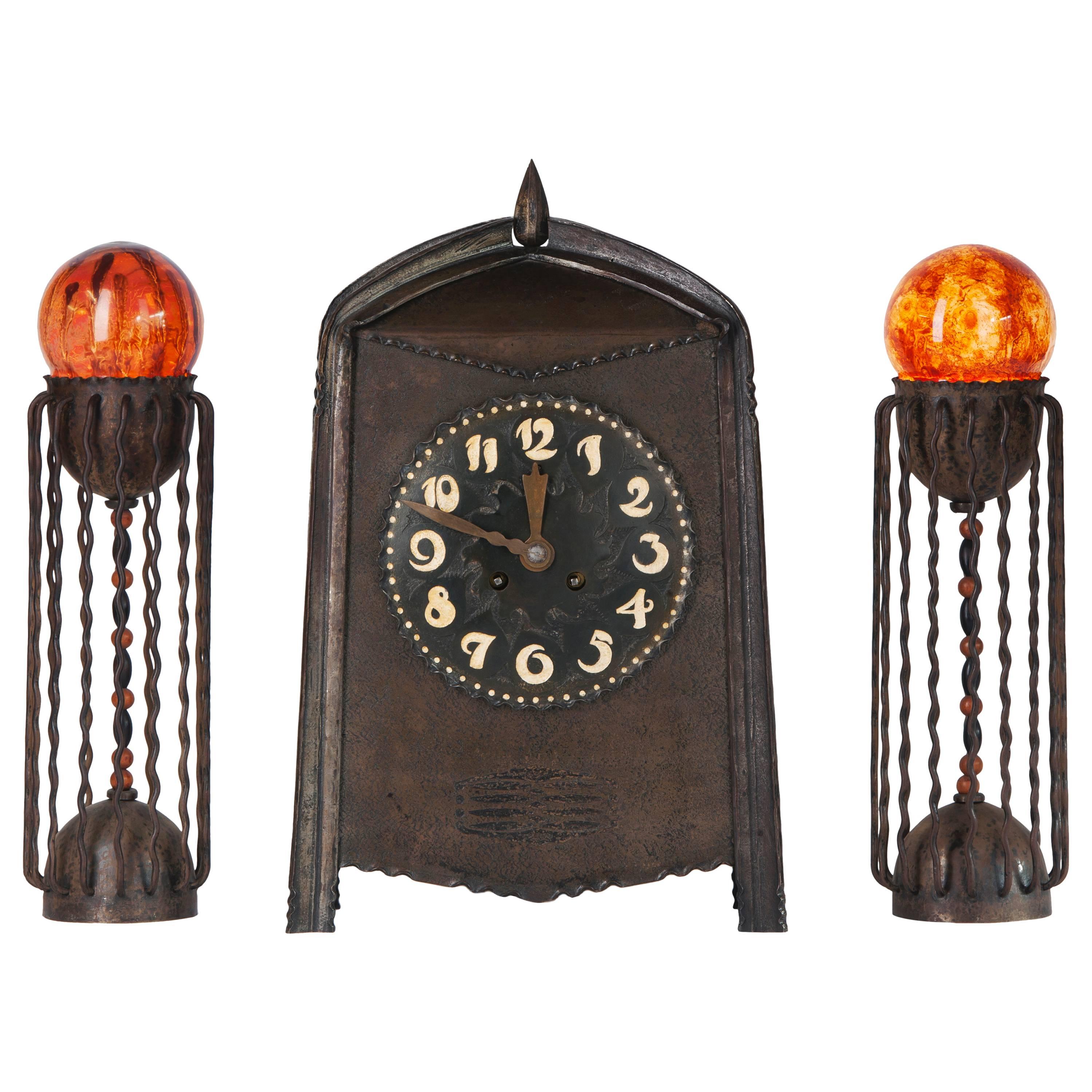 Winkelman & Van der Bijl, Amsterdam School Clock Set, circa 1920 For Sale