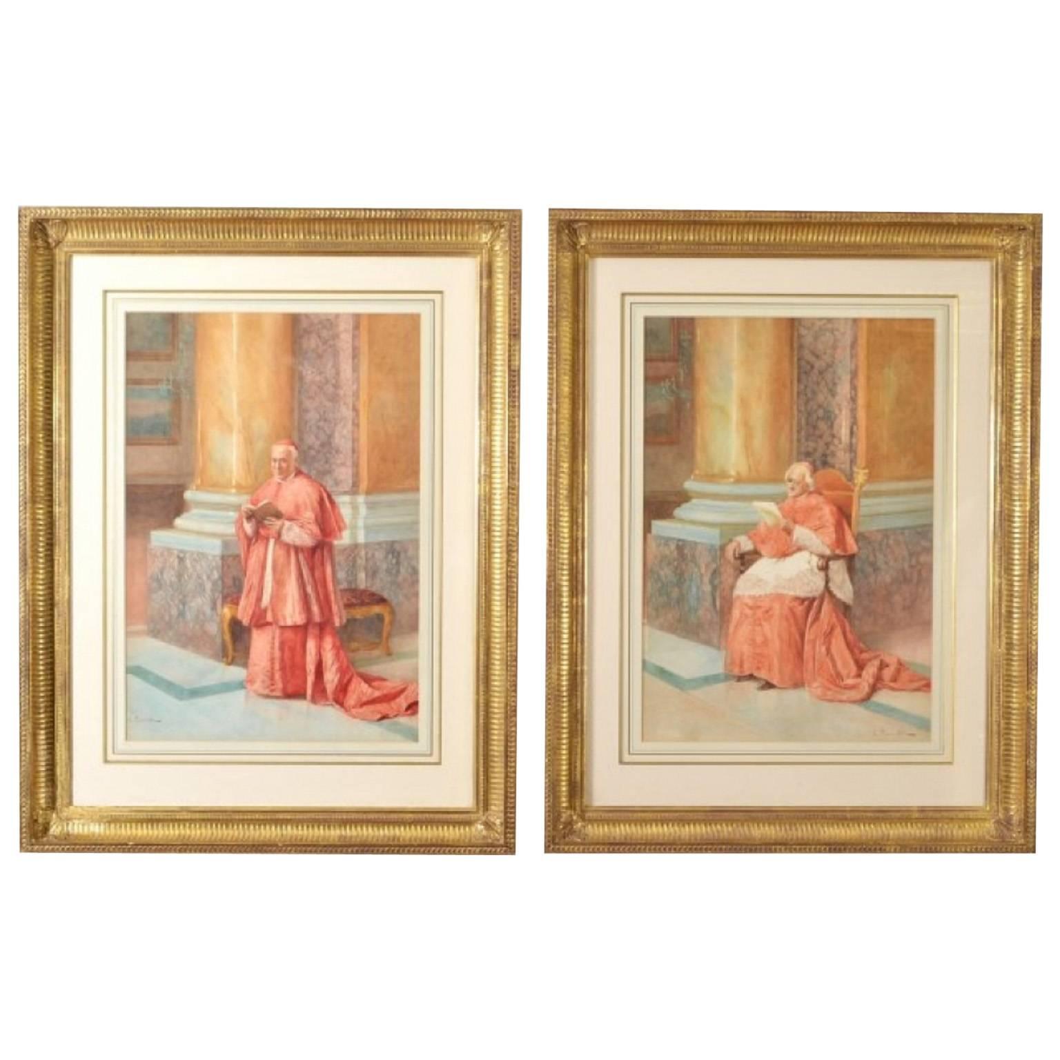 Antique  Pair of Watercolours 'Cardinals' E Tarenghi  Early 20th Century