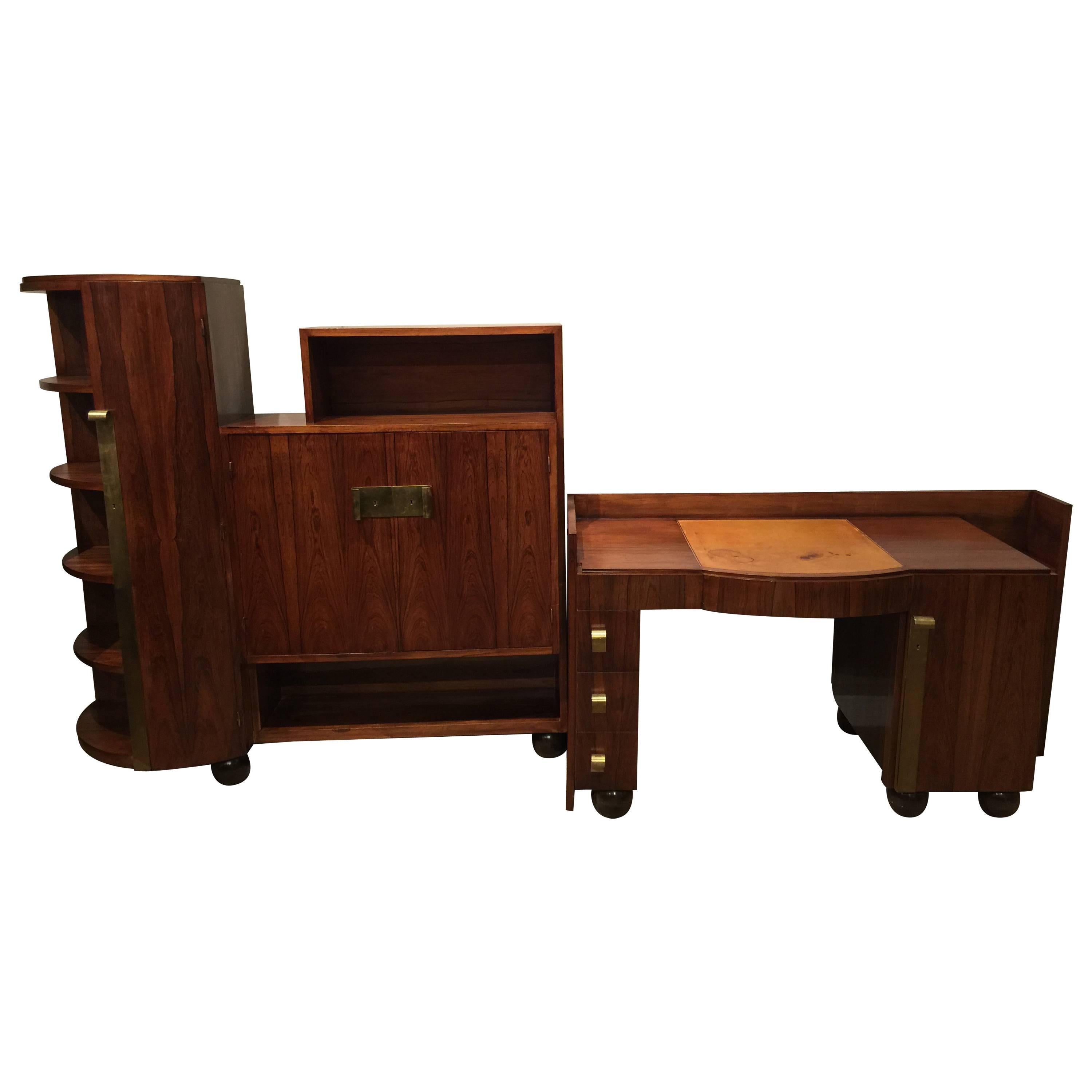 French Art Deco Rosewood Desk and Bookcase by Dominique For Sale
