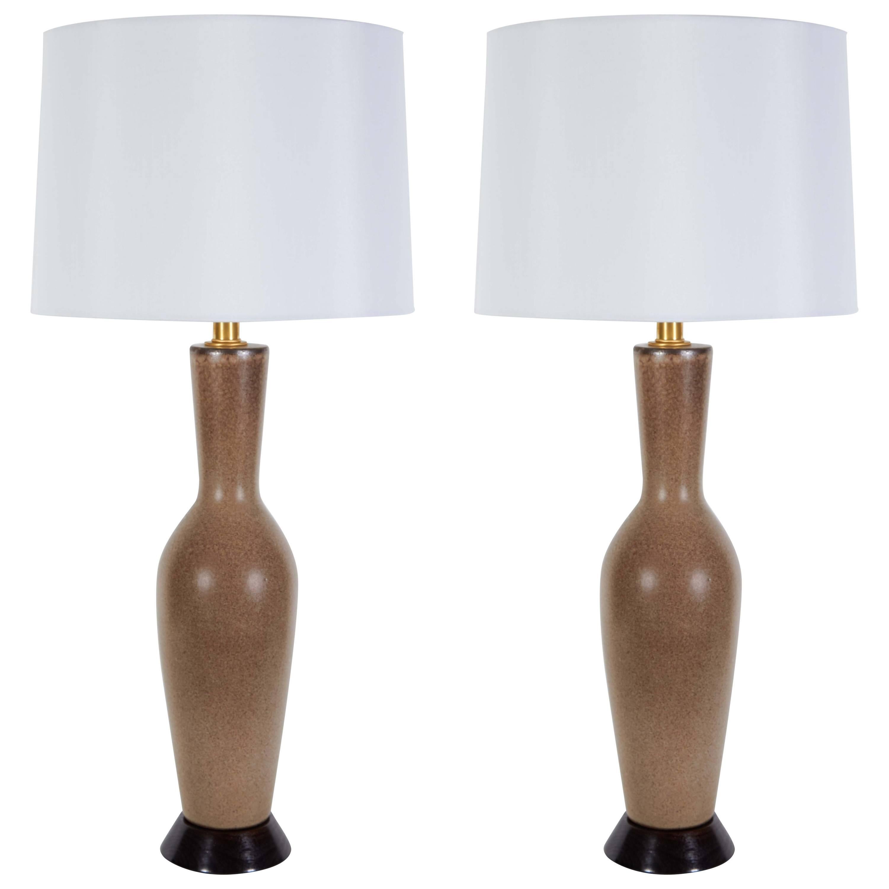 Italian Tan/Brown Speckled Glazed Lamps For Sale