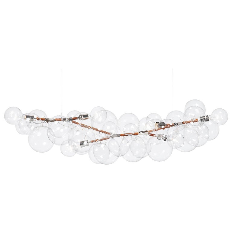 Long Bubble Chandelier in Polished Nickel and Henna Leather by PELLE For Sale
