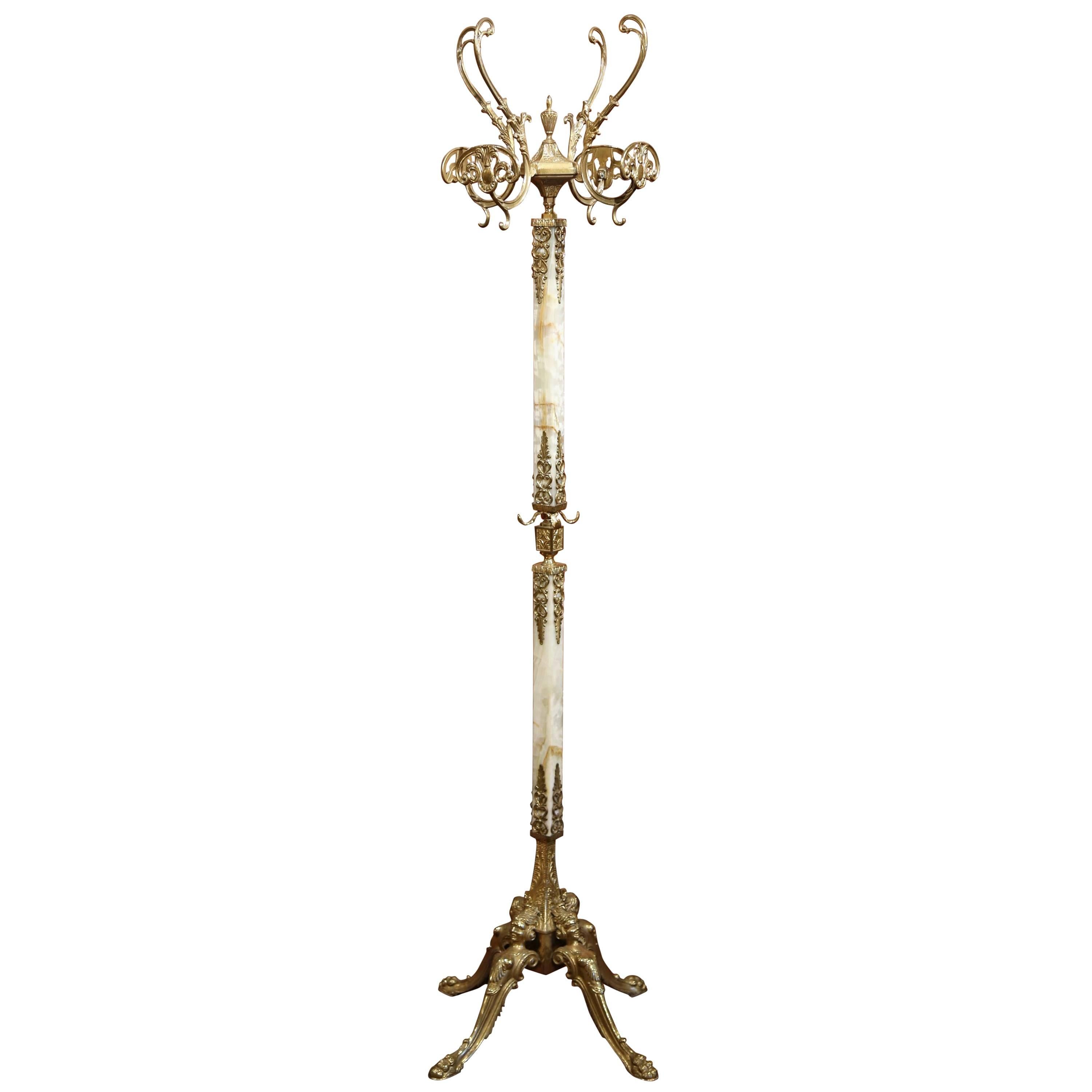 Mid-Century Free Standing Ornate Onyx and Brass Coat Stand