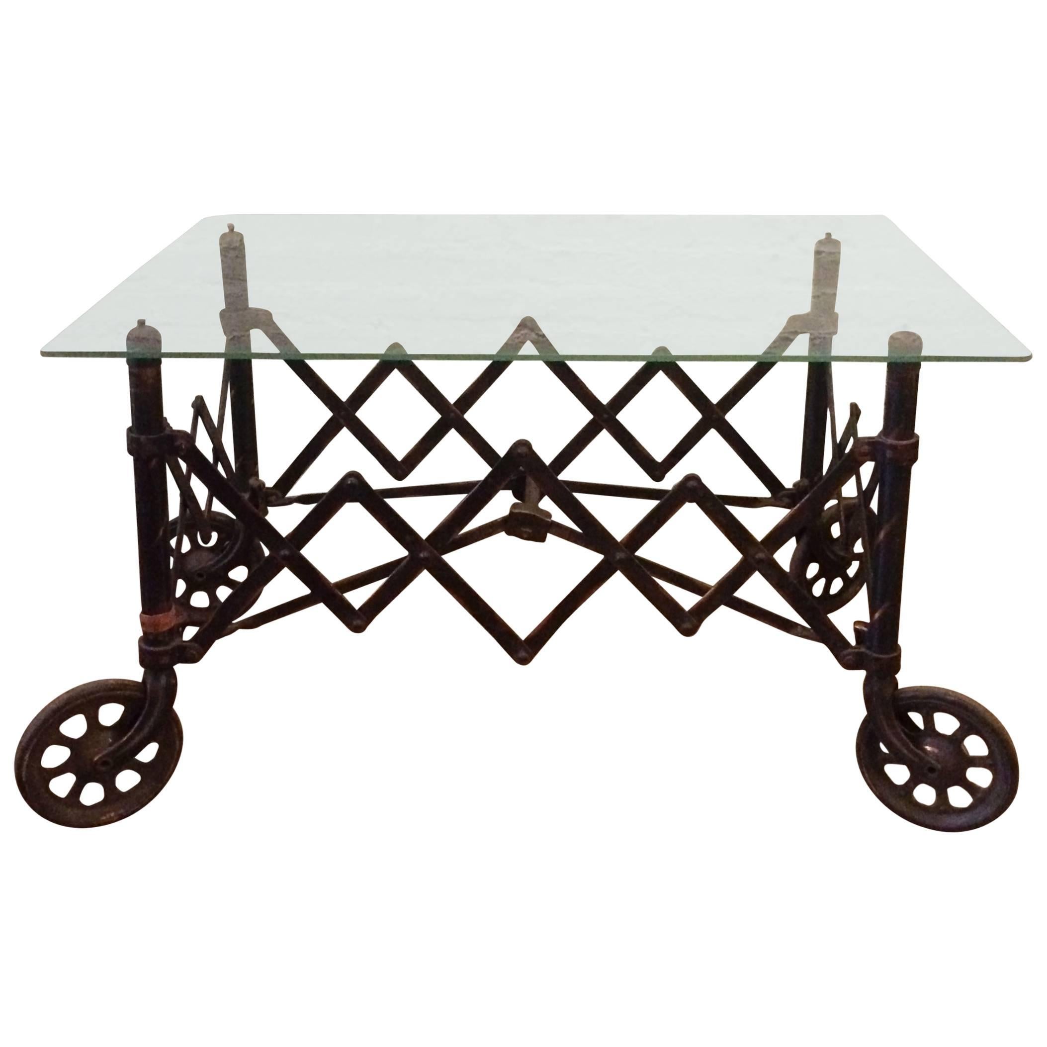 1920s Glass Top Copper Oxide Steel Industrial Coffee Table For Sale