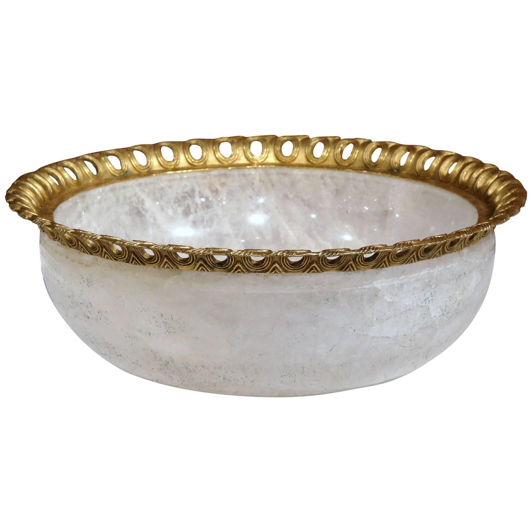 Large Solid Rock Crystal Center Bowl with Brass Trim