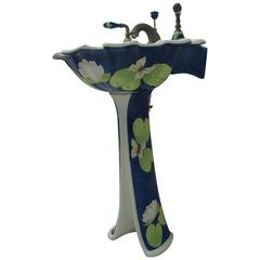 Used Sherle Wagner Hand-Painted Pedestal Sink with Faucet Set and Accessories