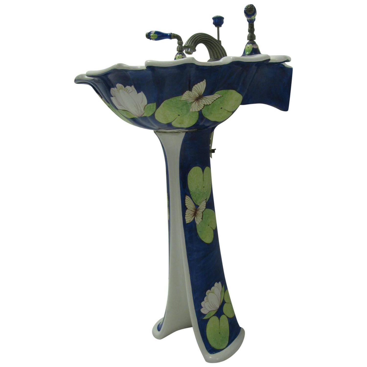 Sherle Wagner Hand Painted Pedestal Sink With Faucet Set And Accessories
