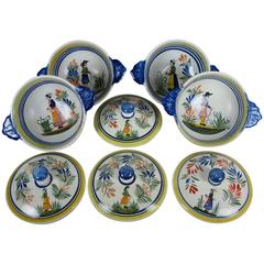  French Faïence Henriot Quimper Two-Handled Onion Soup Lug Bowls & Lids, S/4