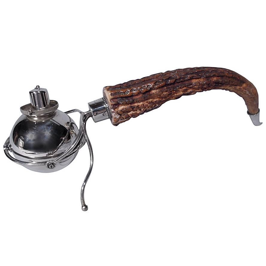 Gilded Age American Sterling Silver and Antler Cigar Lighter