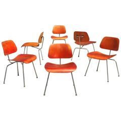 Set of Six Early Eames Aniline Red DCM Chairs