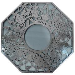 Unusual Octagonal Glass Trivet with Silver Overlay Garland