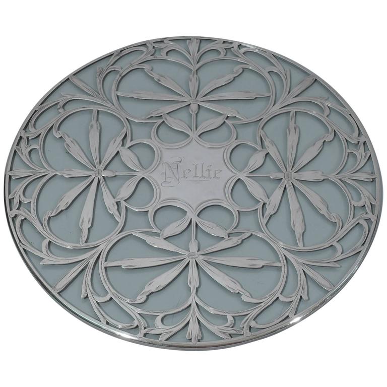 Antique Glass Trivet with SemiAbstract Floral Silver Overlay For Sale at 1stdibs
