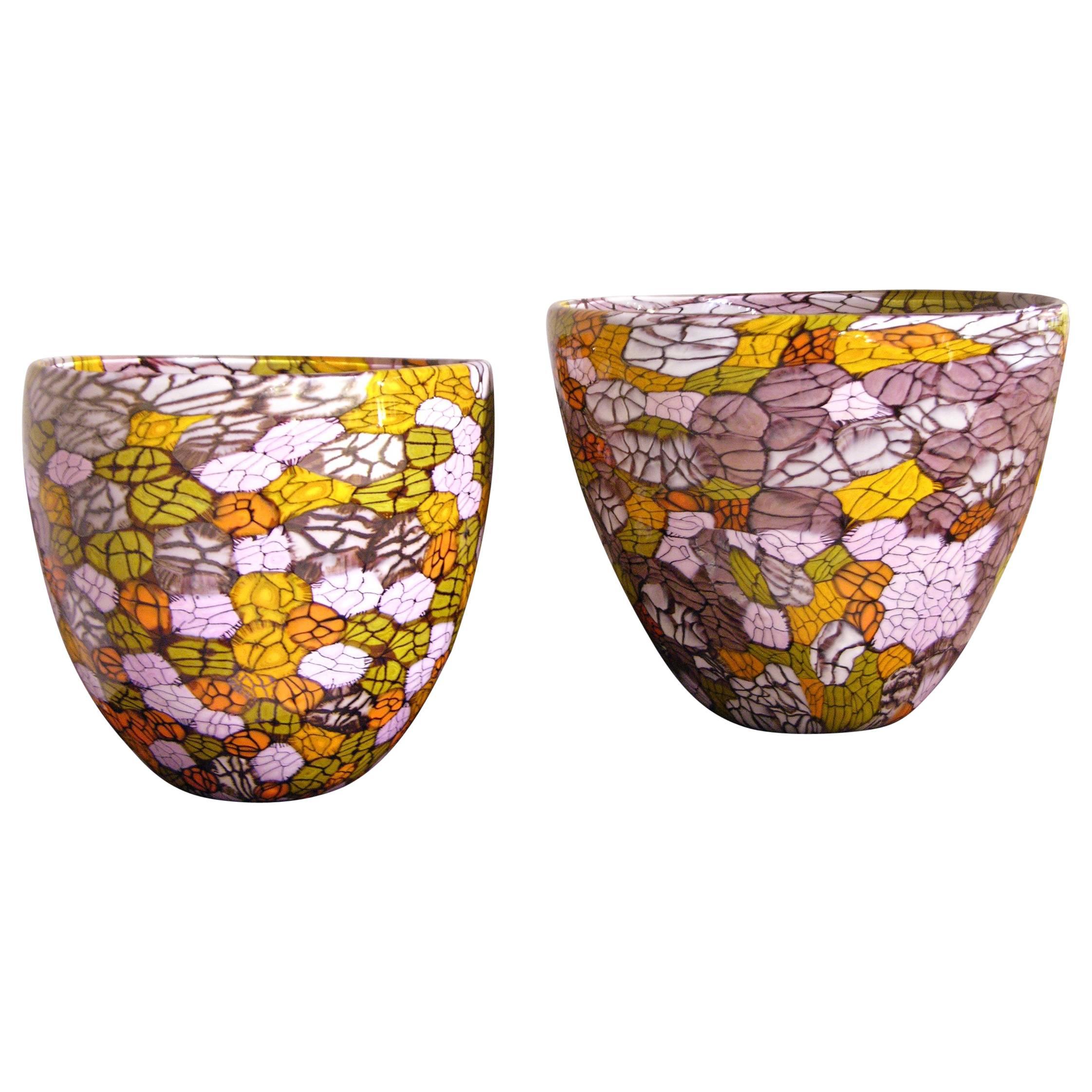 Fratelli Pagnin 1970s Vintage Pair of Yellow Orange Purple Murano Glass Bowls