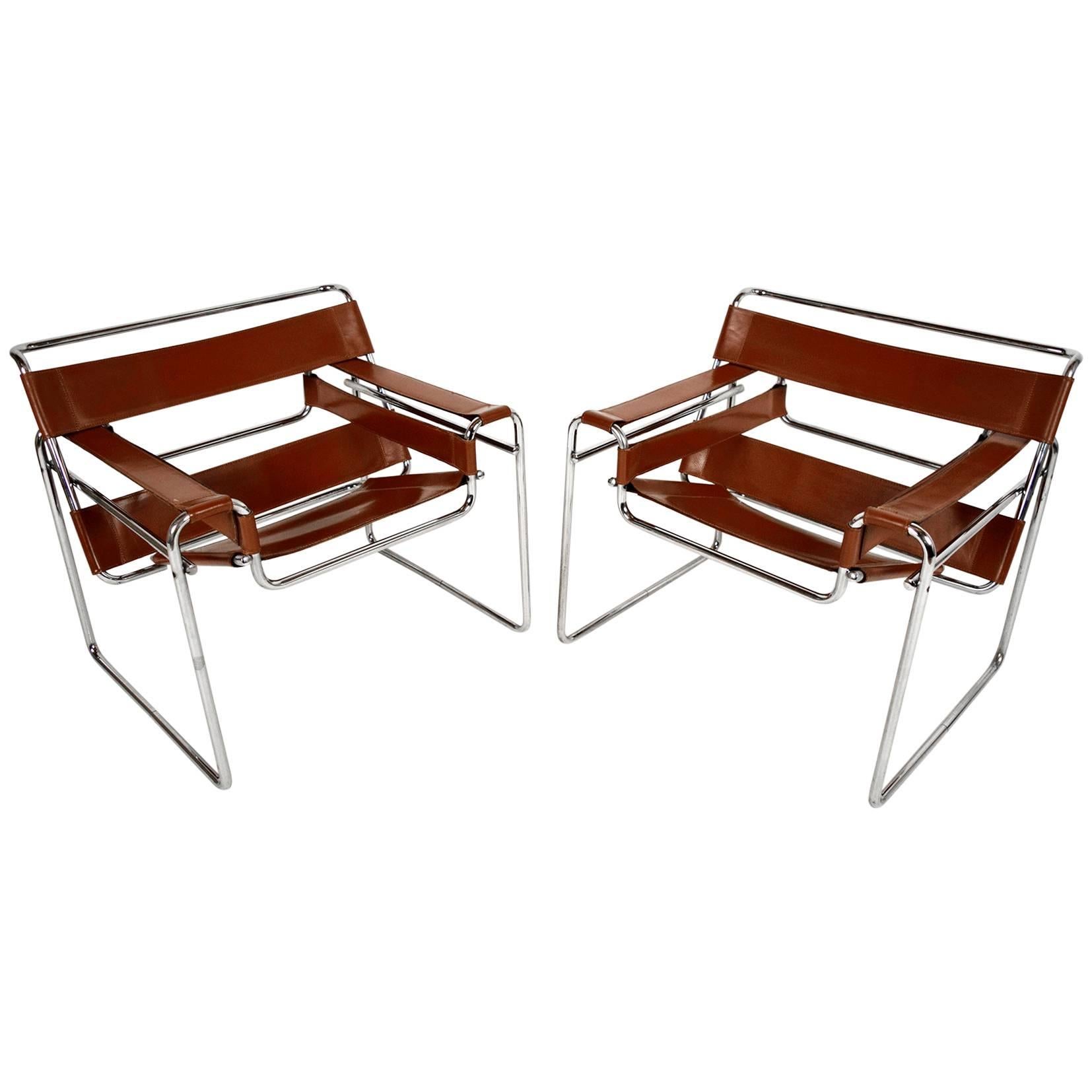 Vintage Pair of Leather and Chrome Wassily Chairs