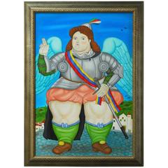 Vintage Monumental Painting "The Crusader" in the Manner of Botero