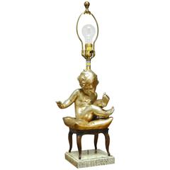 Hollywood Regency Figural Table Lamp with Gilt Putti by Marbro