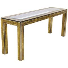 Mastercraft Etched Brass, Glass and Lacquered Wood Console Table