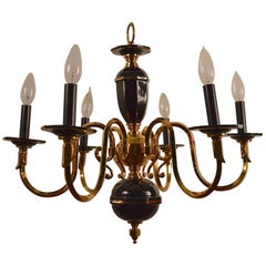 Retro Six-Light Candle Style Black and Brass Chandelier