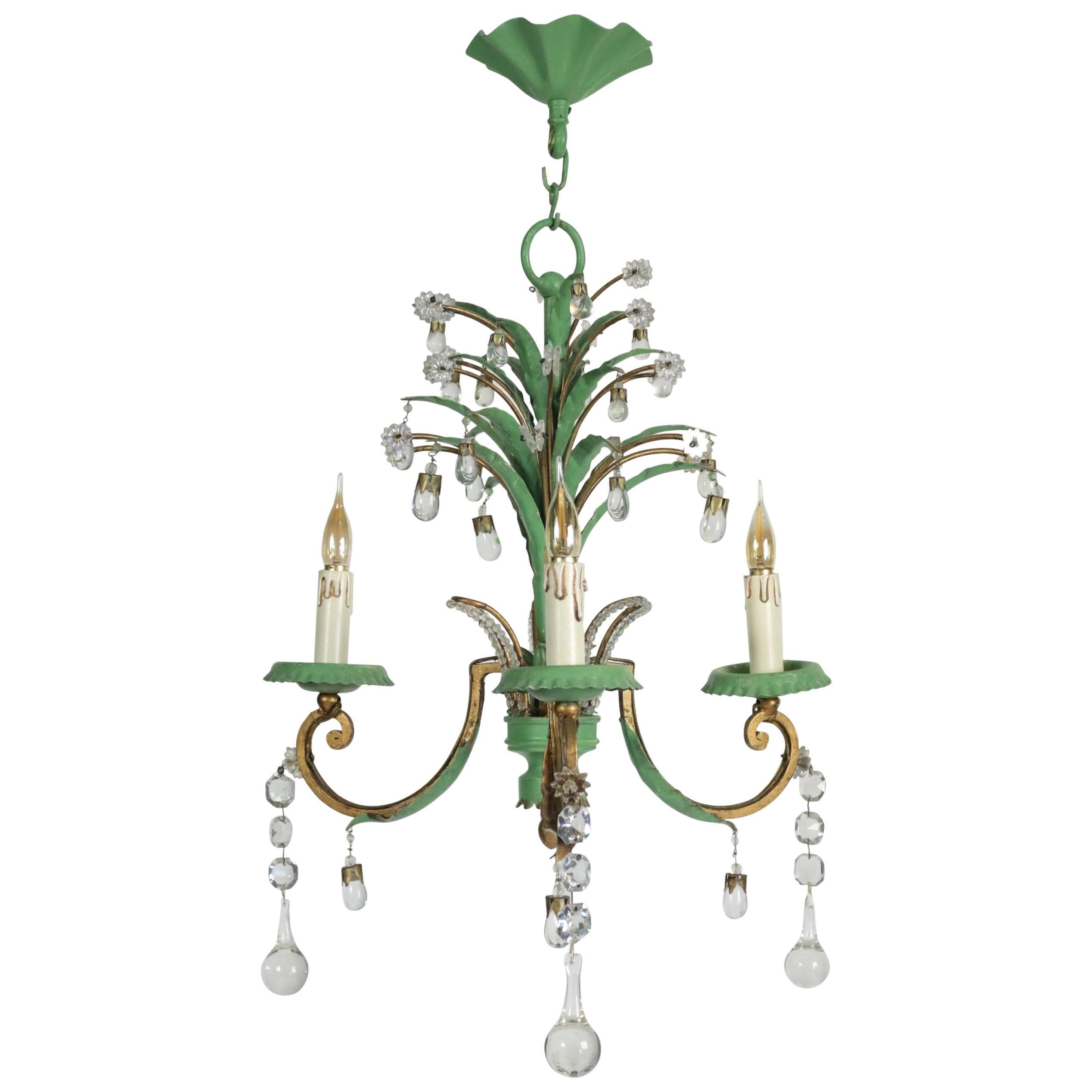 Three-Arm Chandelier in Tole with Crystals in Glass in Green and Gold