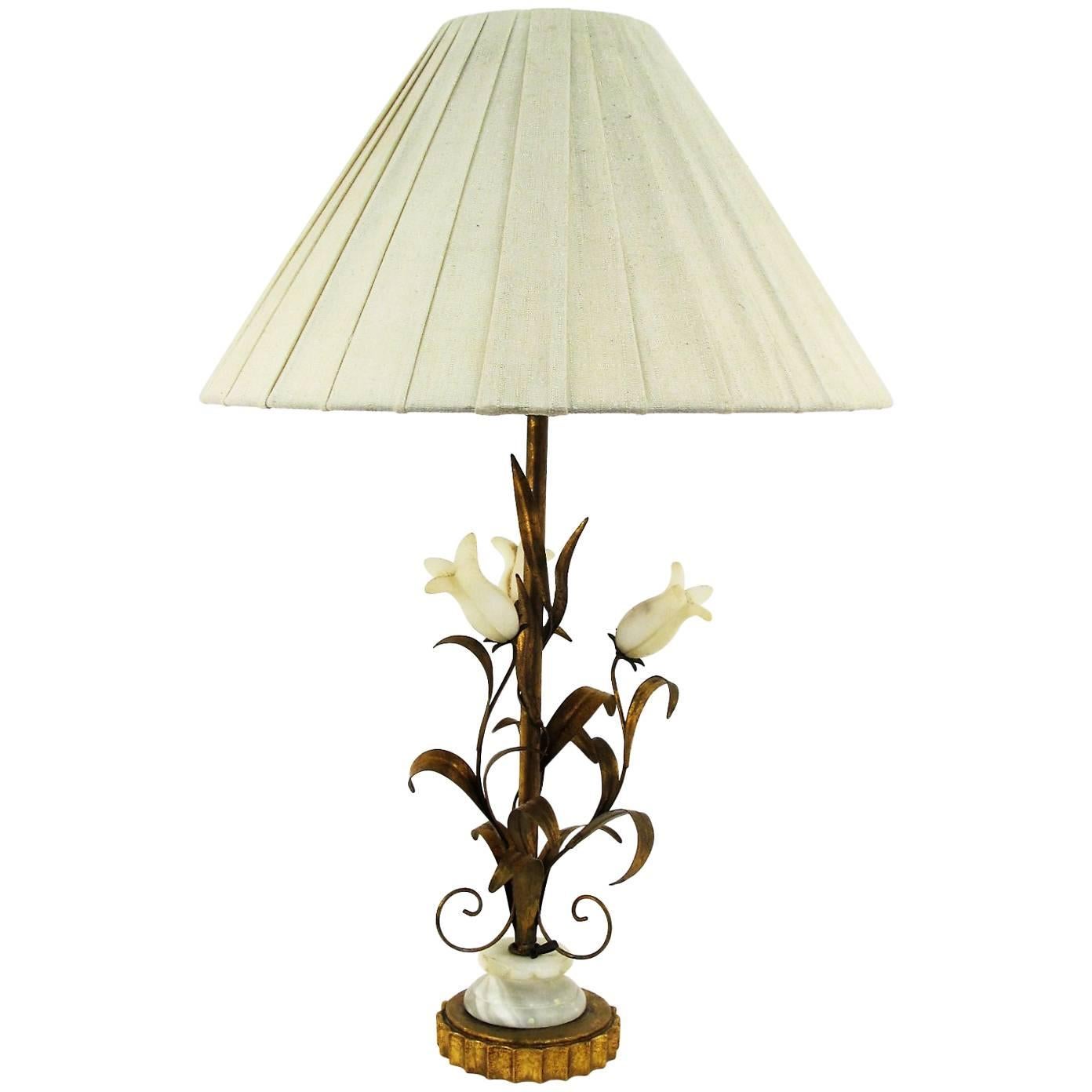 Lovely Italian 1950s Alabaster and Gilt Metal Botanical Style Lamp For Sale