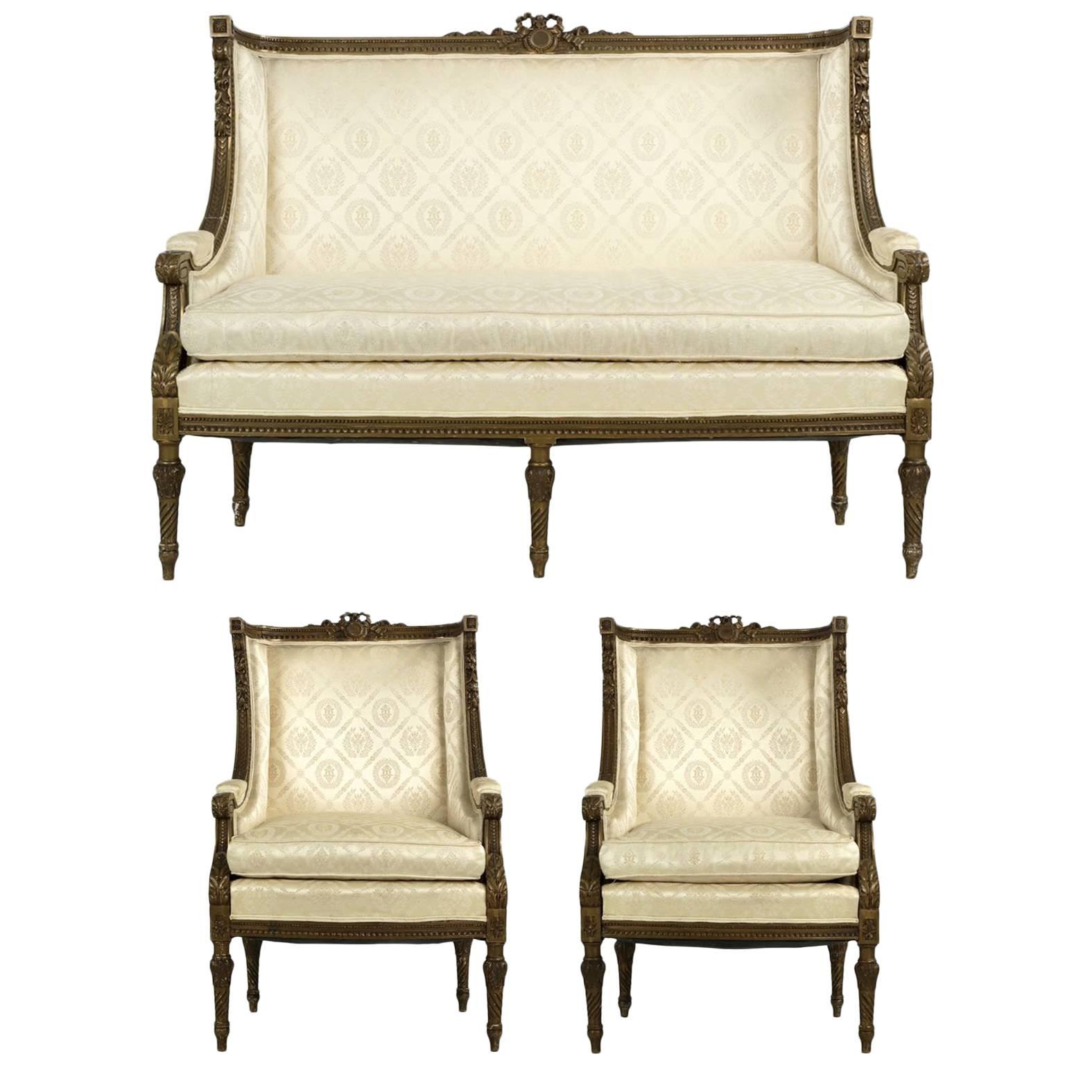 19th Century French Louis XVI Style Green Suite of Antique Settee and Two Chairs