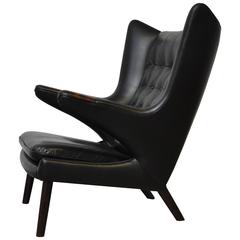 Rosewood and Black Leather Papa Bear Chair by Hans Wegner