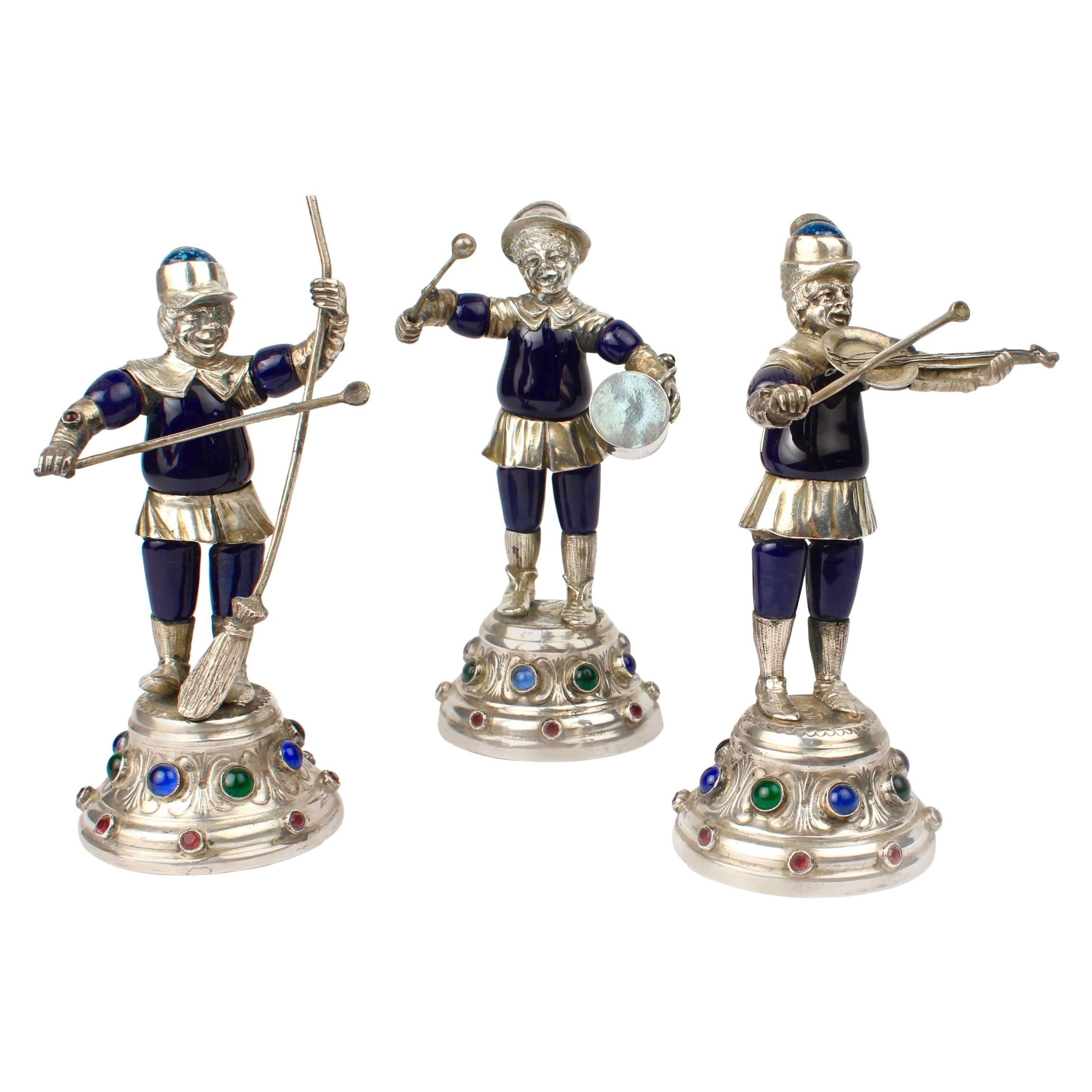 Three 19th Century Jeweled & Enameled German Coin Silver Musician Figurines For Sale