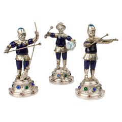 Three 19th Century Jeweled & Enameled German Coin Silver Musician Figurines