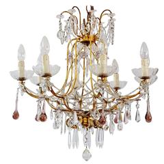 Italian Gilt and Crystal Chandelier with Lilac Murano Drops and Beaded Chains