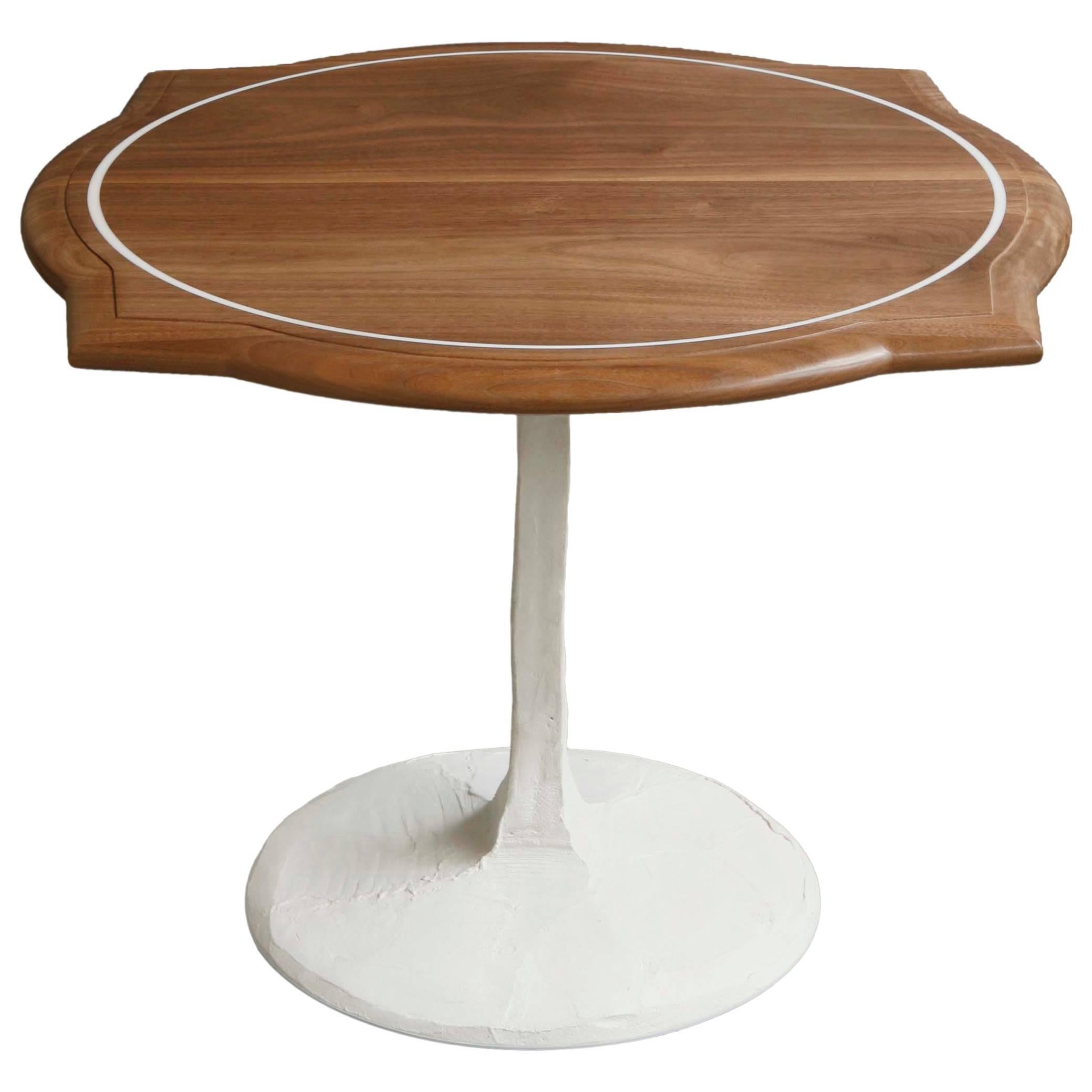 Caption Side Table -Walnut, Inlaid Resin, White Concrete Pedestal Base -IN STOCK For Sale