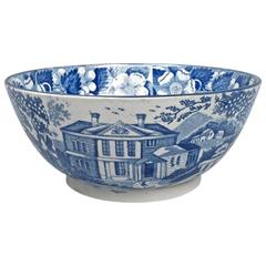 19th Century English Staffordshire Medium Blue Transfer Punch Bowl