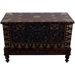 19th Century Zanzibar Teak Carved Chest with Ornate Brass Mounts