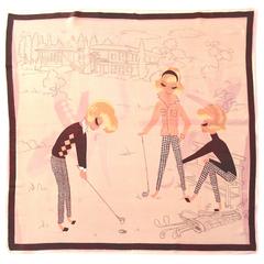 Adorable Artful 1950s Silk Scarf of Fashionable Ladies Playing Golf 12