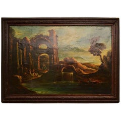 Antique Oil Painting Landscape Ruins 19th C