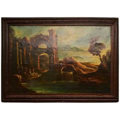 Antique Oil Painting Landscape Ruins, circa 1910 8