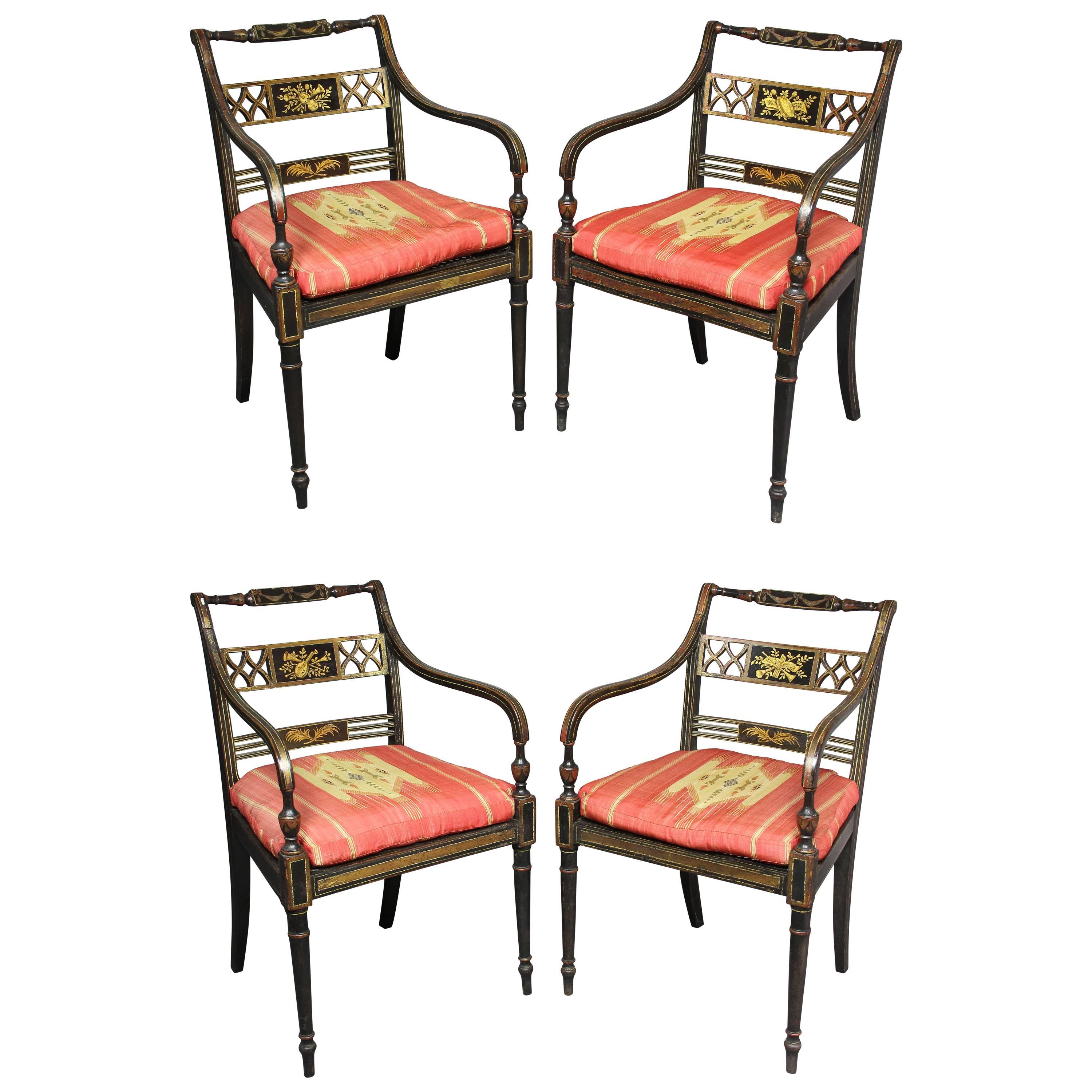 Set of Four Regency Japanned and Parcel-Gilt Armchairs