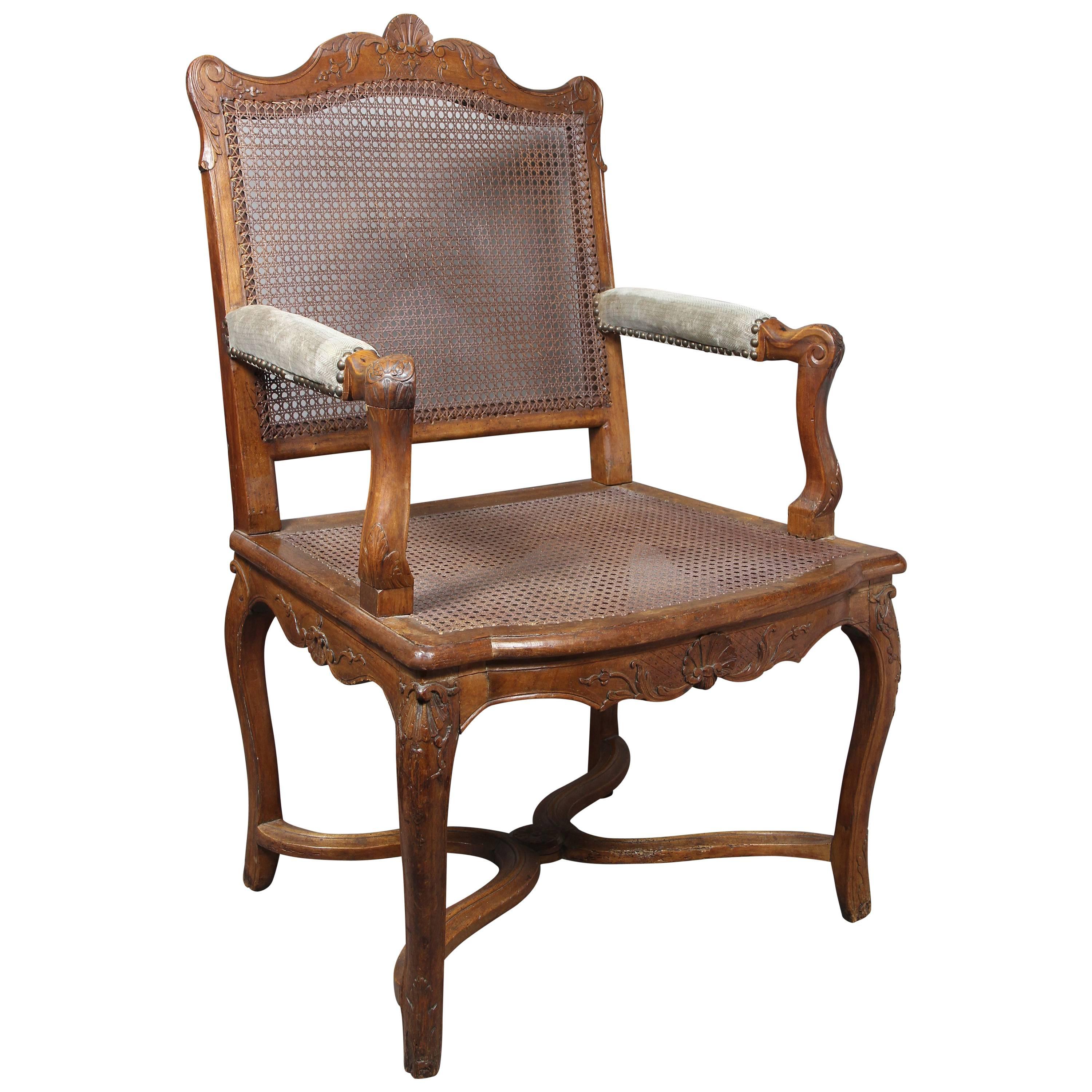 Regence Walnut and Caned Fauteuil/ Armchair For Sale