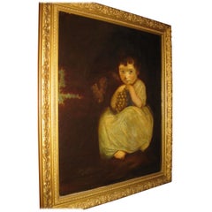 19th century Oil Painting Little Girl with Grapes