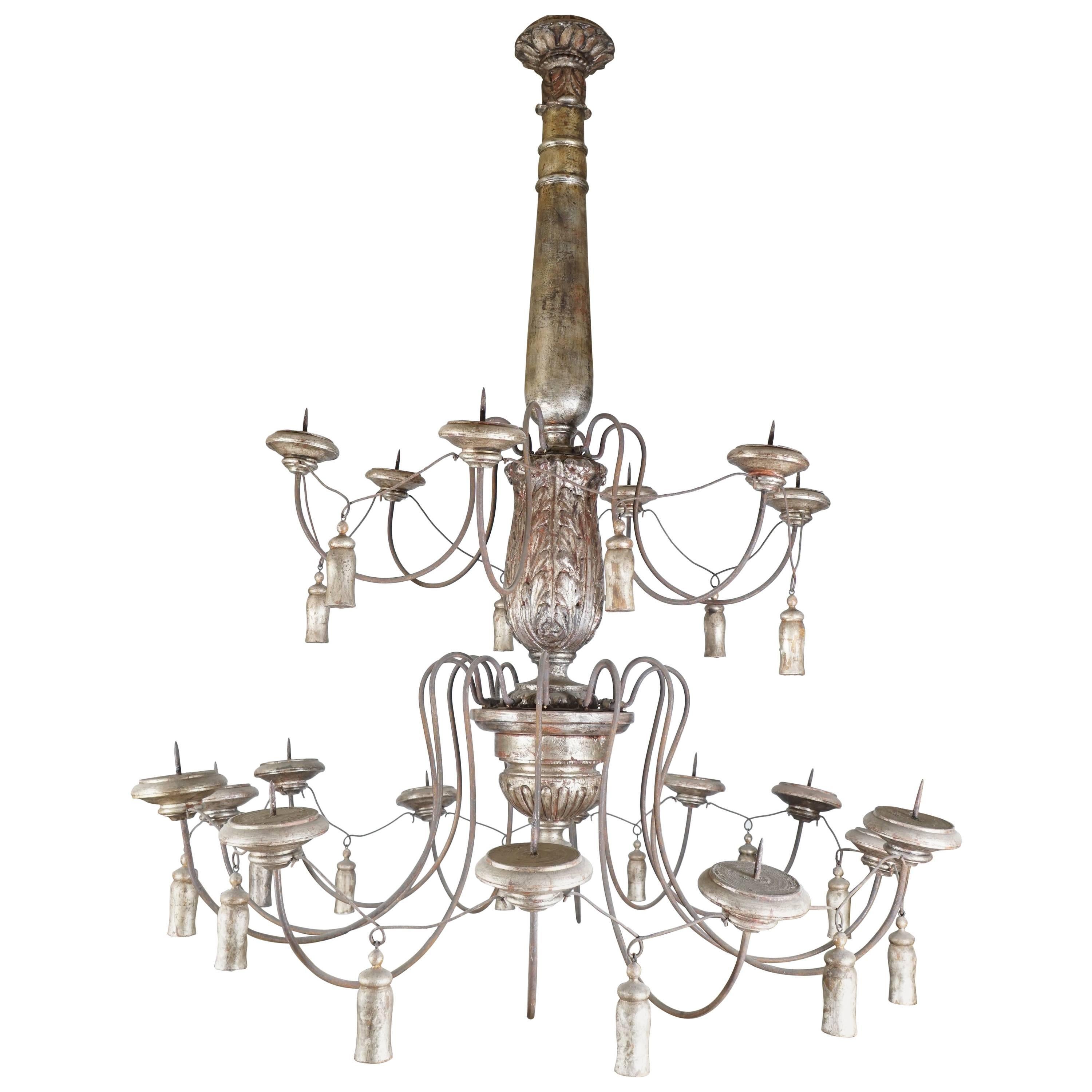 Very Large Silver Leafed Carved Wood French Eighteen-Light Chandelier