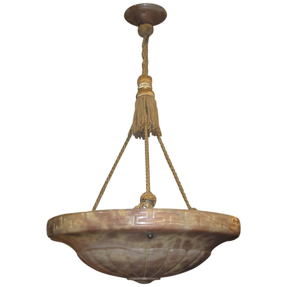 1920s Alabaster Greek Key Carved Bowl Form Light Fixture For Sale