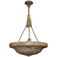 1920s Alabaster Greek Key Carved Bowl Form Light Fixture