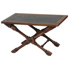 engraved table top Antique Table with Inset Slate Top Engraved with Blue Prints of a Clipper Ship