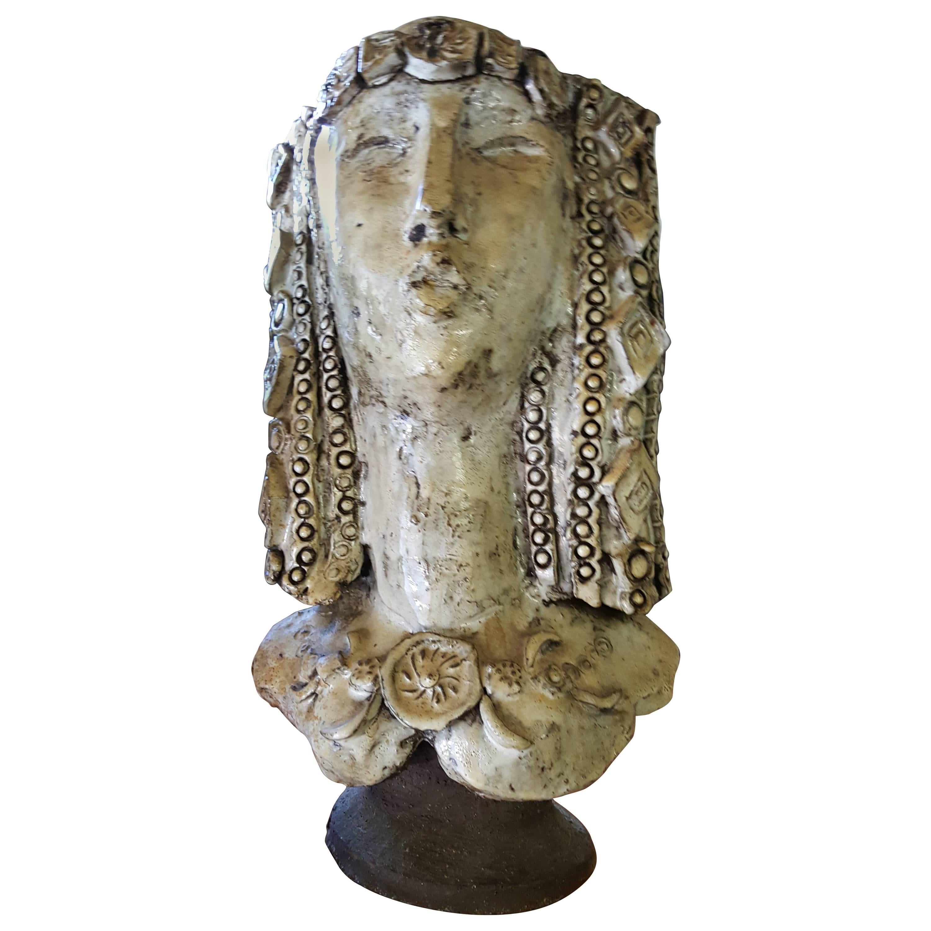Brutalist Women's Head Ceramic Sculpture by Carl Malouf
