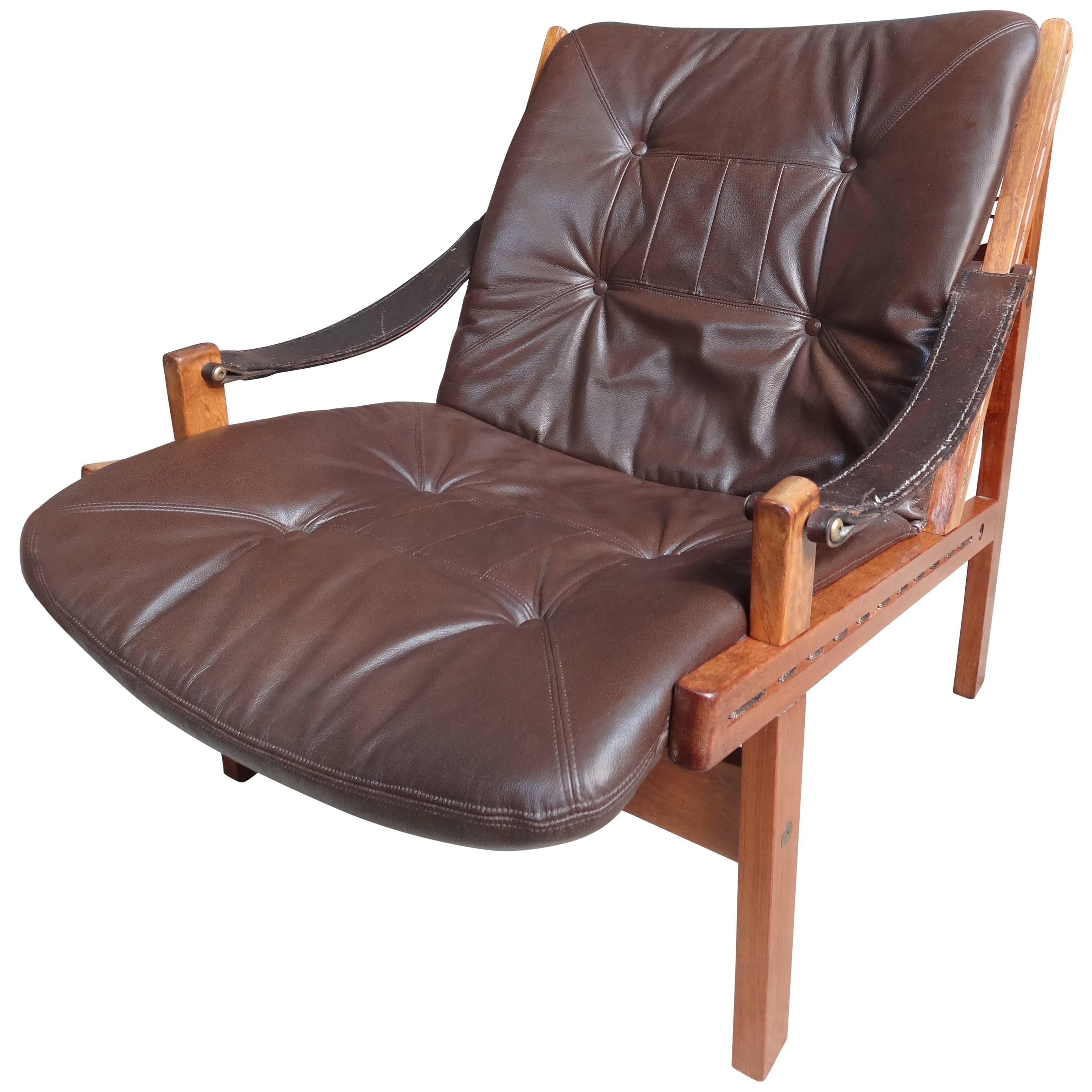 1960 vintage Torbjorn Afdal Brown Leather Sling Armchair by Bruksbo, Norway