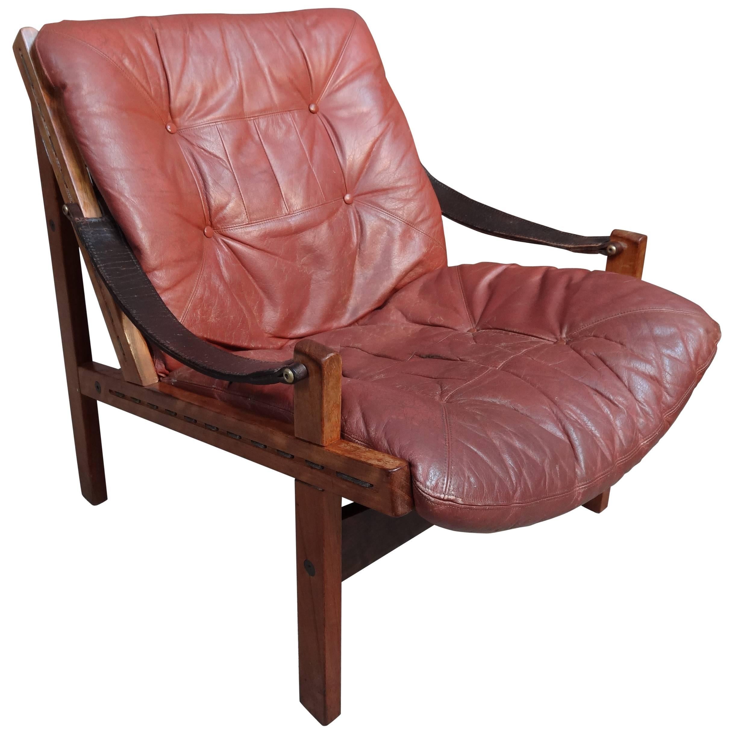 1960 vintage retro Torbjørn Afdal Brown Leather Sling Armchair For Sale