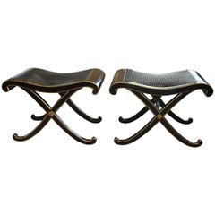 Pair of Painted Black Caned Benches