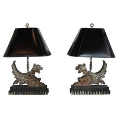 Pair of Carved Wood Asian Lamps