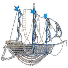 Whimsical Crystal and Iron Ship Motife Chandelier
