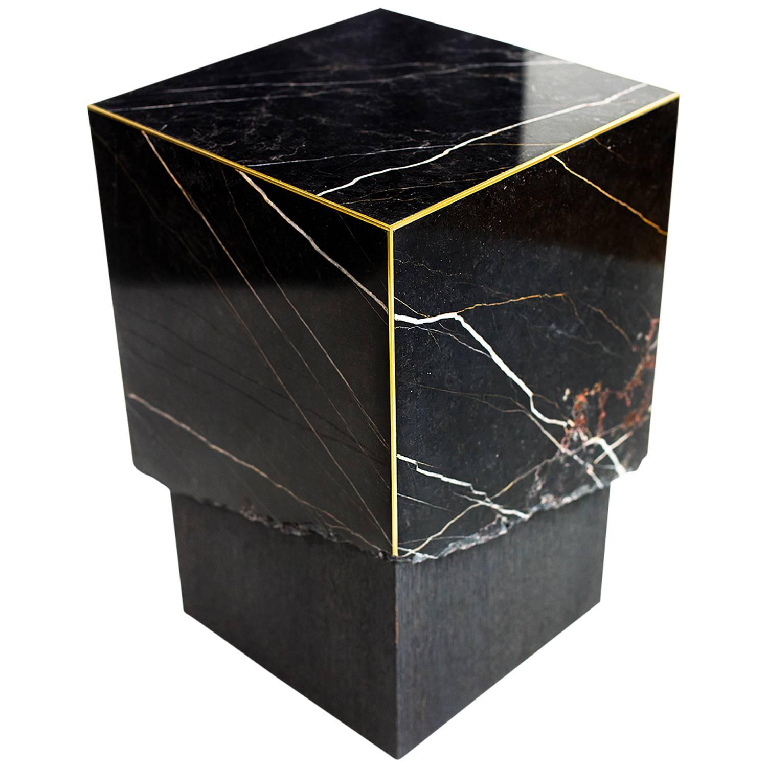 Meta End Table in Black Marble, Dyed Solid White Oak with Brass Details For Sale