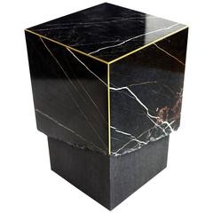 Meta End Table in Black Marble, Dyed Solid White Oak with Brass Details